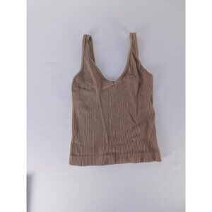 Tank Top Womens Small Beige V-Neck Ribbed Stretch Slim Fit Cotton Blend